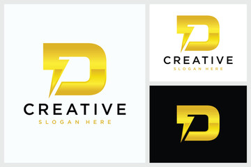 letter D and lightning. Lightning, lightning strike on letter and. Energy, power, charging logo design. Modern flat style vector illustration
