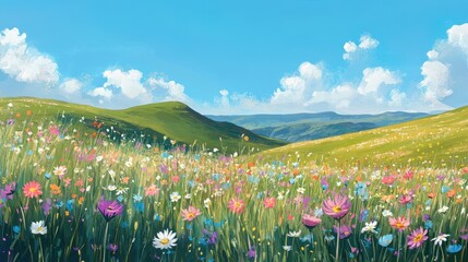 A vibrant meadow of pink and purple flowers blooms under a blue sky, a breathtaking spring or summer landscape