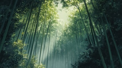 Naklejka premium Golden sunlight filters through the dense foliage of an ancient forest, illuminating a misty path that winds through the verdant landscape