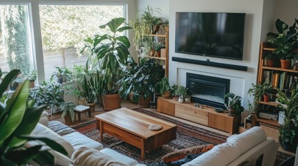 Modern living room with many plants, fireplace, and large window.