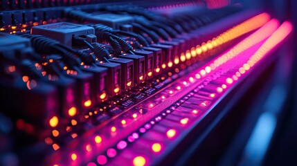Fibre optic cables linking to a server, representing information technology, networking, cloud computing, and high-speed connection