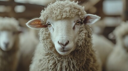 A close-up of a sheep's face, showcasing its woolly texture and curious expression.
