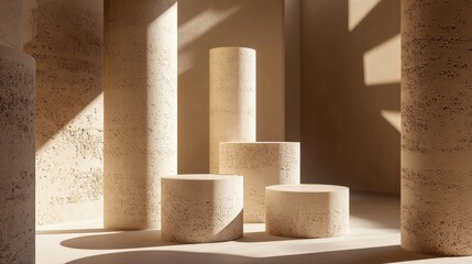 A set of stacked cylindrical pedestals in beige tones, illuminated by soft, warm sunlight