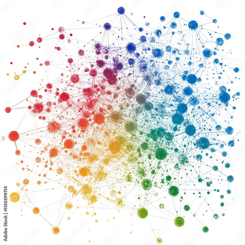 Poster Colorful Abstract Network Visualization Demonstrating Connections Between Data Points Across Various Categories and Themes in a Vibrant Style