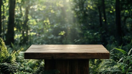A rustic wooden podium surrounded by soft ferns and forest greenery illuminated by sunlight