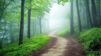 Obraz premium Misty morning path through the ancient forest, sunlight filtering through the vibrant green foliage