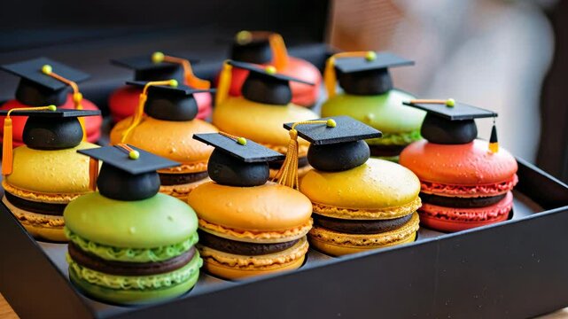 A gift box of colorful macaron cake decorated with miniature graduation hats on top. Celebration and treats for graduates.