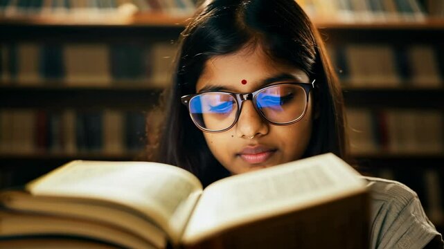 Young Indian female student with eyeglasses reading the book in a library. The female student finds joy in reading, her concentration evident in the serene library setting.