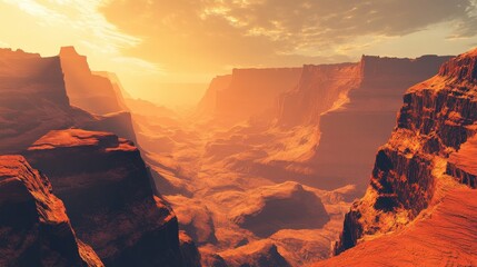 The Arizona sunset paints the Grand Canyon landscape in vibrant red hues, casting long shadows across the rocky mountains