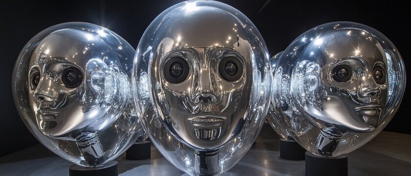 Chrome heads reflecting in each other in a dark room.