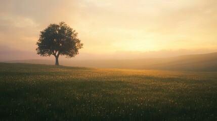 Obraz premium Misty morning light bathes a lone tree silhouetted against a vibrant sunrise over a vast meadow