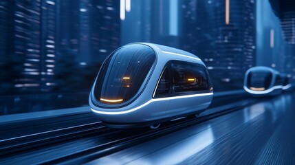 Fototapeta premium A futuristic train glides through a sleek, illuminated urban environment, showcasing advanced technology and modern design.