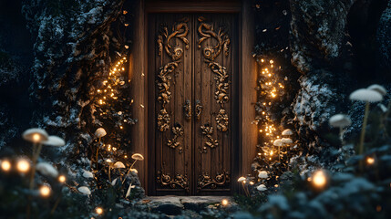 A grand wooden door with intricate carvings of magical creatures surrounded by softly glowing mushrooms.