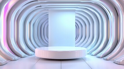 Obraz premium A futuristic white podium floating in a glowing room with soft pastel gradients