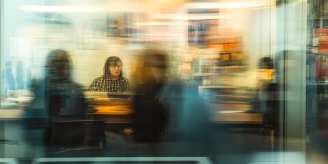 Fototapeta premium Busy Urban Workspace Capturing an Individual Working Intently Amidst a Blurred Motion of Colleagues During Daytime Hours