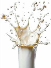 A photostock of luxurious milk splashes creating a dynamic flowing motion, isolated on a pure white background, High Quality