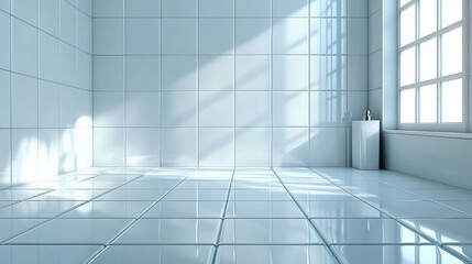 Obraz premium A clean, white tiled surface placed under soft bathroom light, with minimalistic accessories in the background