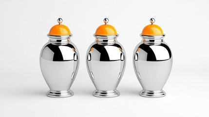 A photostock of polished silver cloches reflecting light, professional and sleek, isolated on a clean white background, High Quality