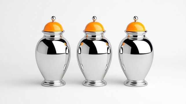A photostock of polished silver cloches reflecting light, professional and sleek, isolated on a clean white background, High Quality