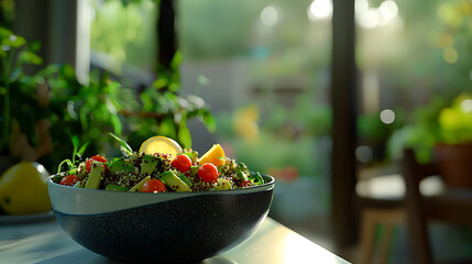 A bowl of salad with tomatoes, avocado, and lemon