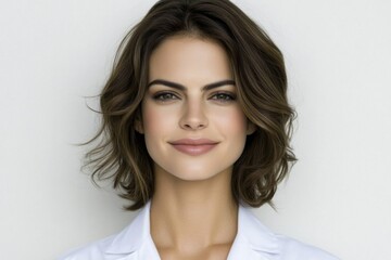 Naklejka premium Isolated Portrait of Happy Female Doctor in White Coat Smiling (13 words)