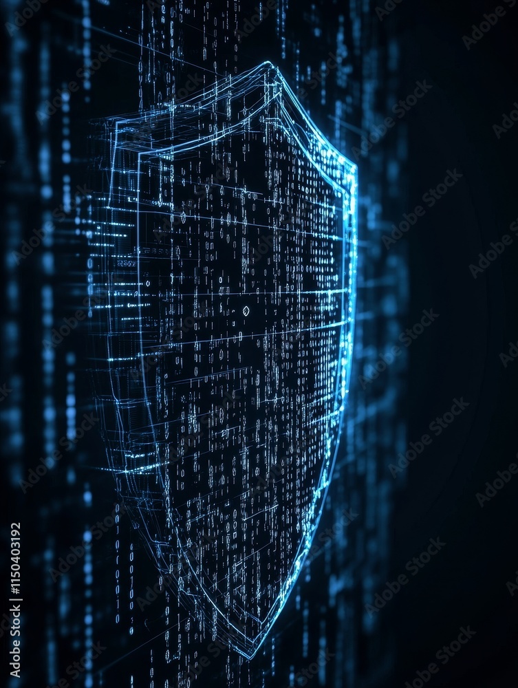 Aufkleber Secure Shield Symbolizing Digital Protection Within a Glowing Network of Binary Code in a Dark Environment