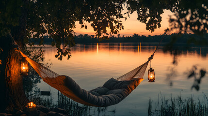 A lakeside chill-out zone with a soft hammock hanging lanterns and a glowing sunset reflecting off the water.