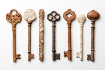 A photostock of rustic vintage keys with intricate designs, arranged symmetrically, nostalgic and elegant, isolated on a clean white background, High Quality