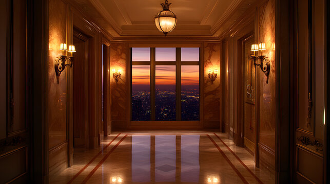 A lavish penthouse hallway with marble walls glowing sconces and a large window offering a stunning view of the city lights.