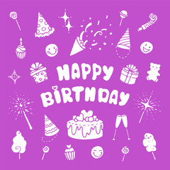 happy birthday card, poster, icons on purple background