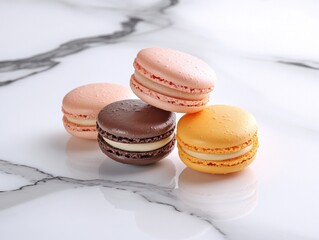 Obraz premium A colorful arrangement of macarons on a marble surface, showcasing their delicate texture.
