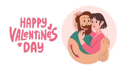 Happy Valentines day greeting banner. Couple in love hugging and groovy lettering. February 14 celebration of love background. Feelings of love and care. Festive congratulations. Vector illustration.