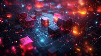 Obraz premium Graphic cubes and colors with a cloud server visualize blockchain technology, big data, and a futuristic system