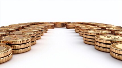 Obraz premium A photostock of shiny gold coins stacked symmetrically, reflecting light, isolated on a clean white background, High Quality