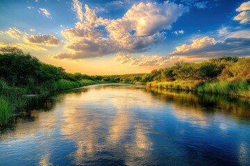 Obraz premium Serene River Reflecting Sunset Cloudscape Over Lush Banks