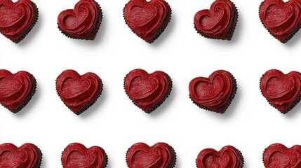 Heart-Shaped Red Velvet Cupcakes with Creamy Icing on White Background