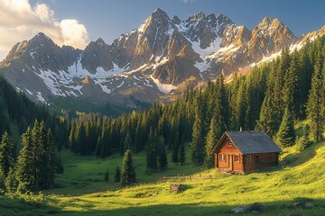 Cozy wooden cabin nestled in a lush green valley beneath snow-capped Alps.