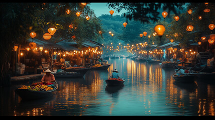 Obraz premium Floating Night Market with Lanterns for Vibrant Cultural Imagery