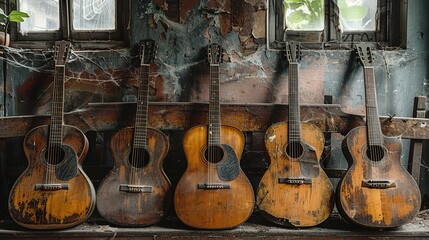 Naklejka premium many old acoustic guitars with cobwebs in an old dark abandoned room 