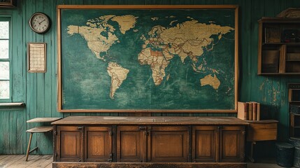 World map on blackboard in empty vintage retro classroom, with copy space