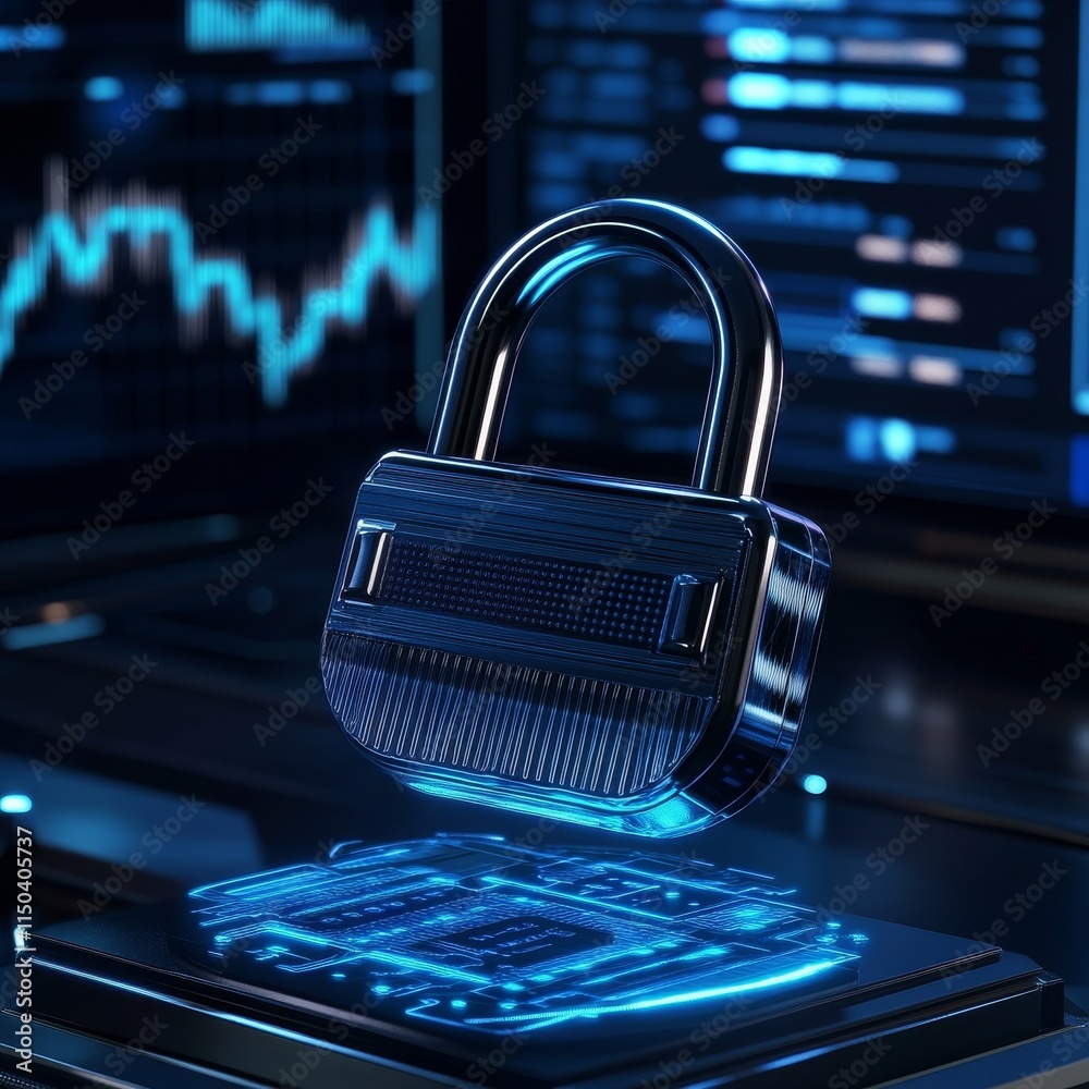 Poster digital padlock symbolizing cybersecurity while data flows in the background at a high-tech workspac