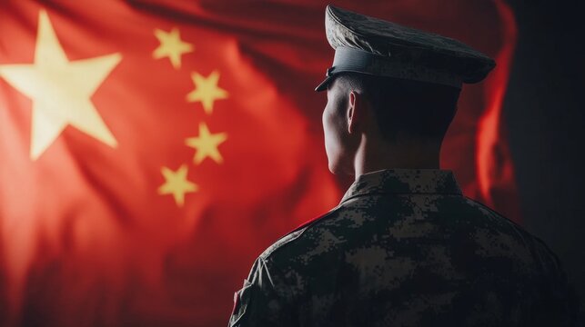 soldier in military uniform standing with the china flag in the background, with copy space
