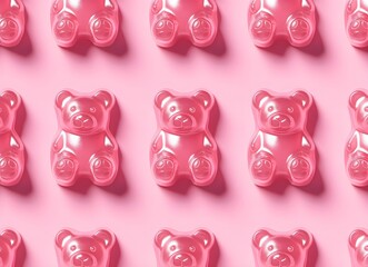 Assorted gummy bears in various colors displayed in a random pattern, colorful jelly bears arranged meticulously, generative AI.