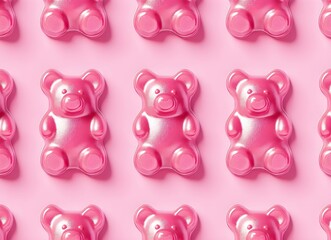 Assorted gummy bears in various colors displayed in a random pattern, colorful jelly bears arranged meticulously, generative AI.