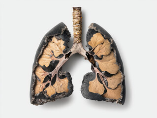 Smoking effect on human lungs. Cross section of lungs showing damage and tar buildup