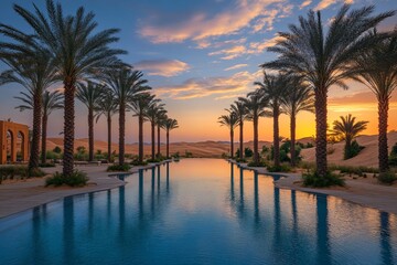 Desert oasis pool at sunset with palm trees. (1)