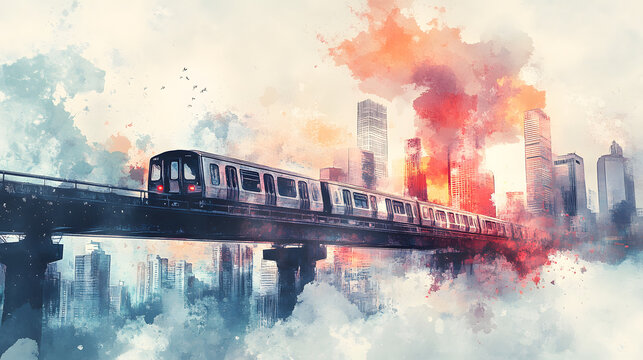 An elevated train passing over a city bridge with soft watercolor-inspired tones blending into the skyline.