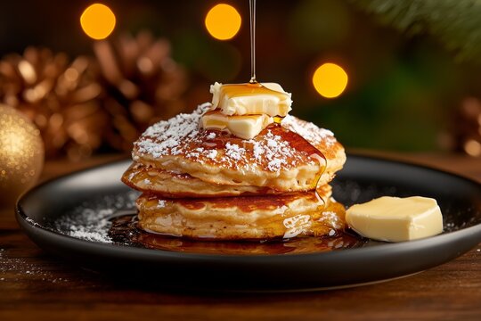 giant mince pie pancake topped with butter and drizzled with syrup, served on a dark plate with extra butter on the side