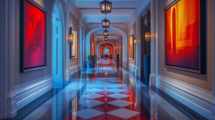 Fototapeta premium Elegant hotel hallway with colorful paintings and checkered floor.