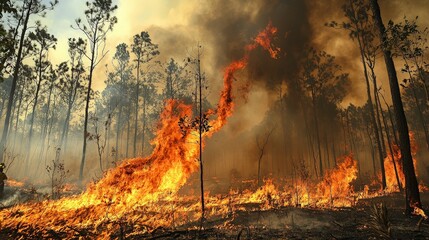 Intense wildfire raging through a pine forest, consuming vegetation and trees, billowing dark smoke into the sky.